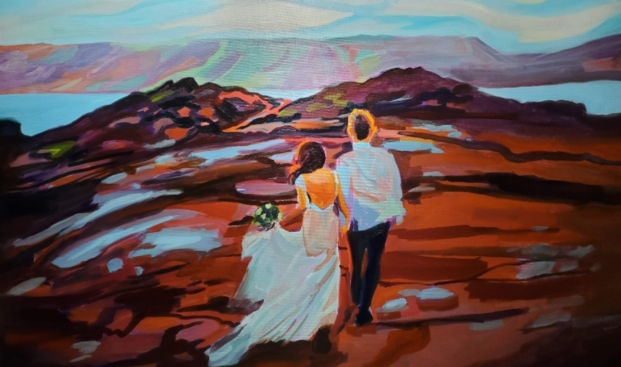 Wedding painting of a couple walking through a landscape